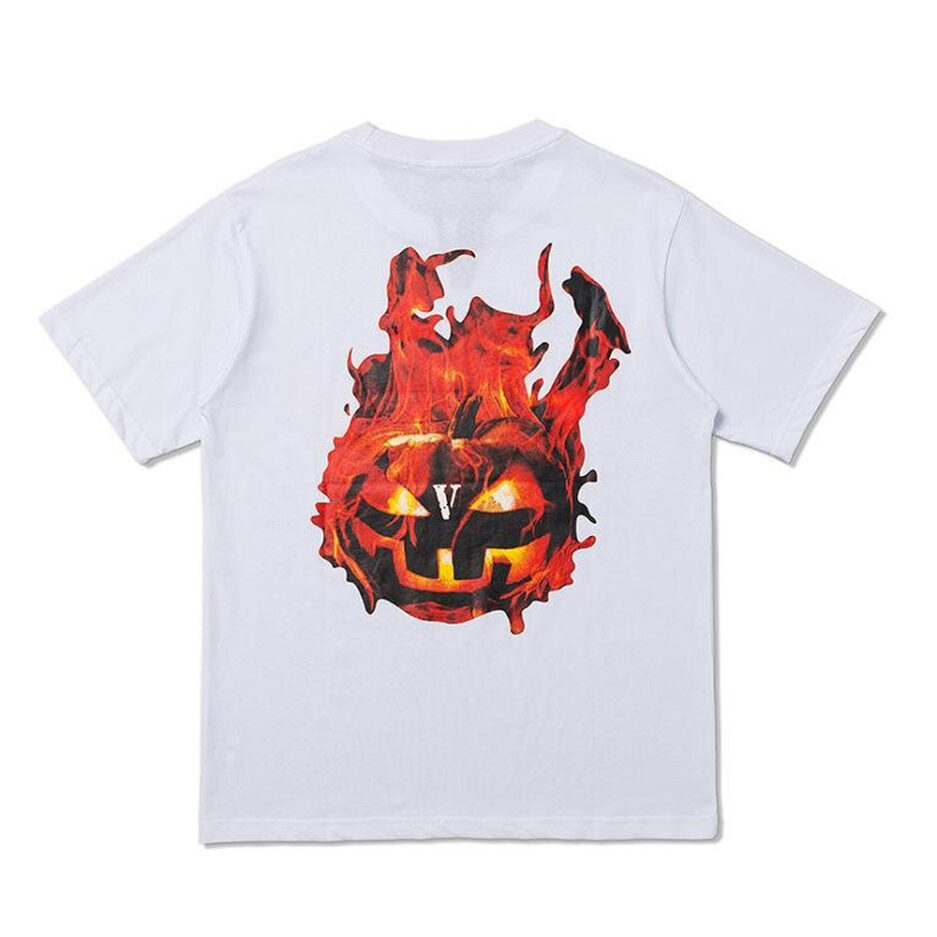 Vlone Halloween Flaming Pumpkin Tee – White